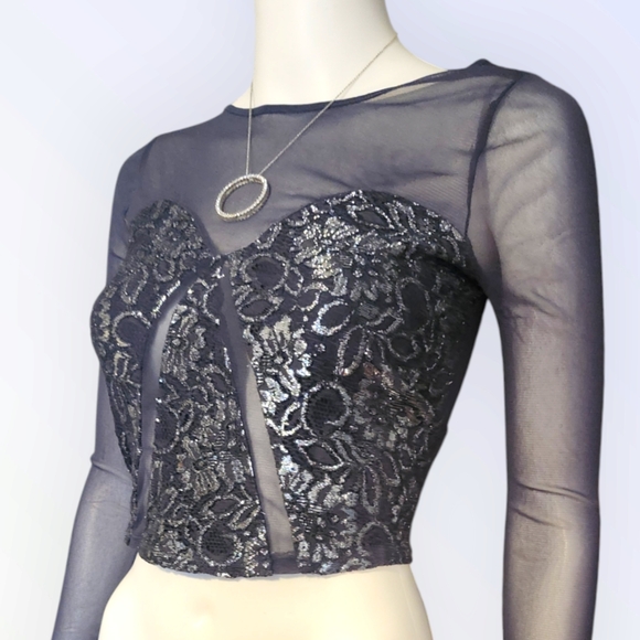 NWOT Kimchi Blue Black Lace Mesh Long Sleeve Crop Top - Y2K, Whimsygoth size M - Picture 2 of 5